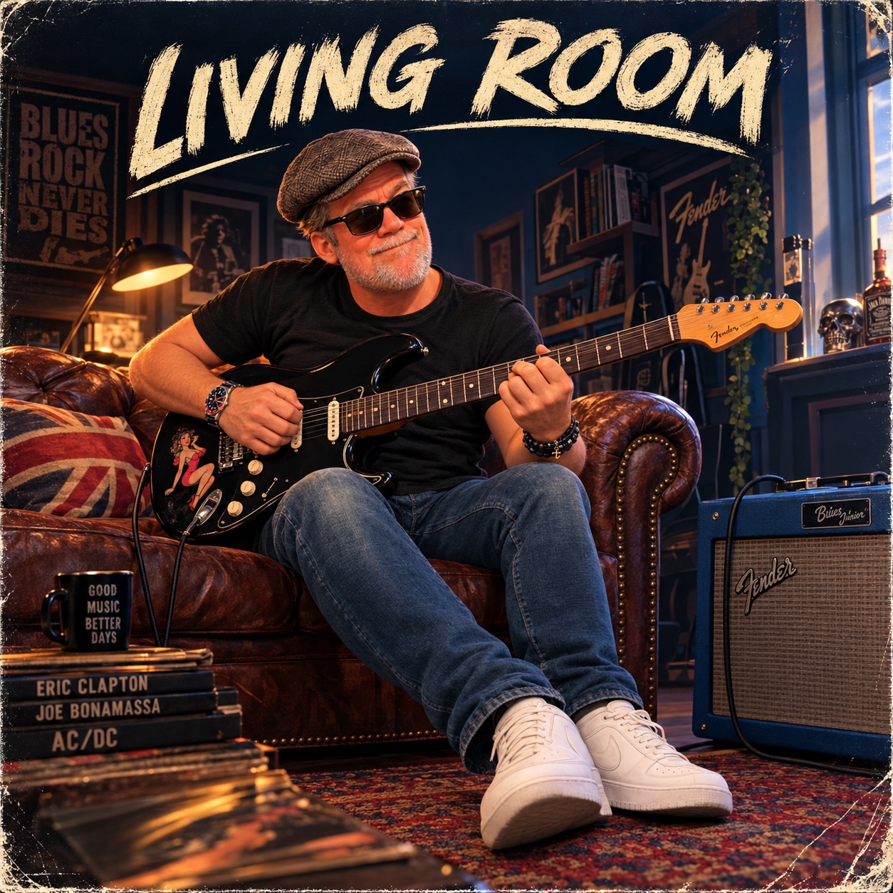 Albumcover Living Room: Gitarrist mit schwarzer Stratocaster auf einem Chesterfield-Sofa, daneben ein Fender-Verstärker und Plattenstapel
